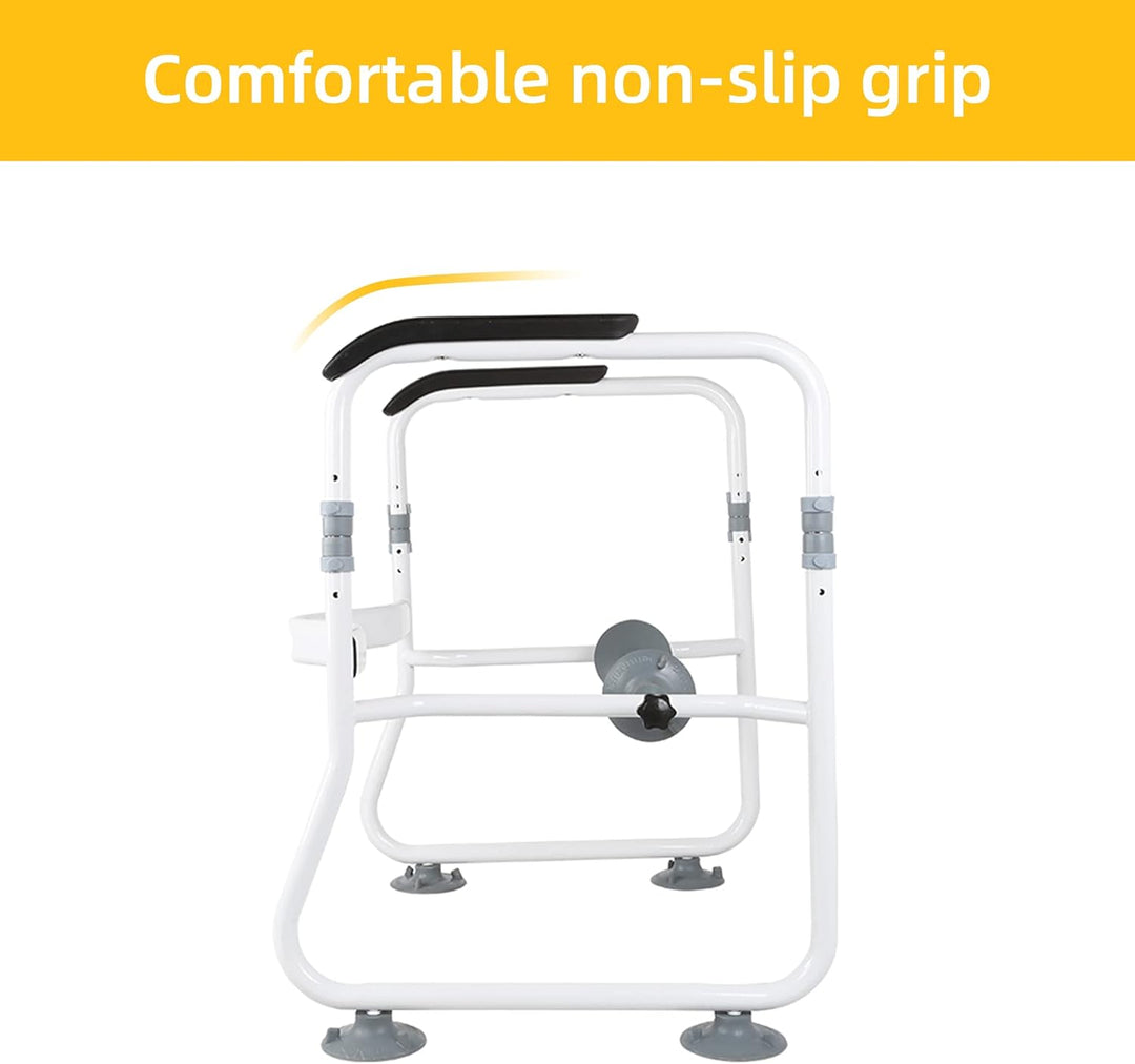 Elderly individual using an adjustable toilet safety frame for home safety and stability