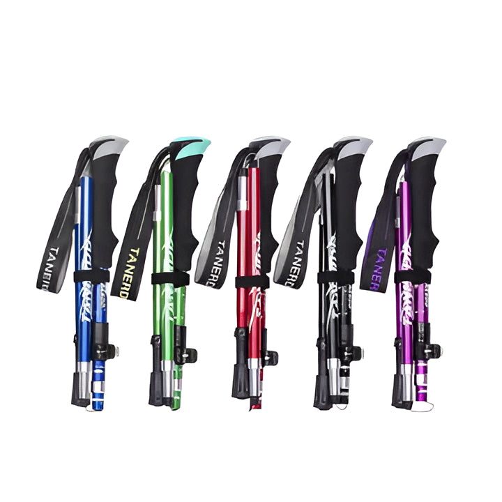 Adjustable unisex trekking poles for hiking. Lightweight, foldable design for easy portability on trails.