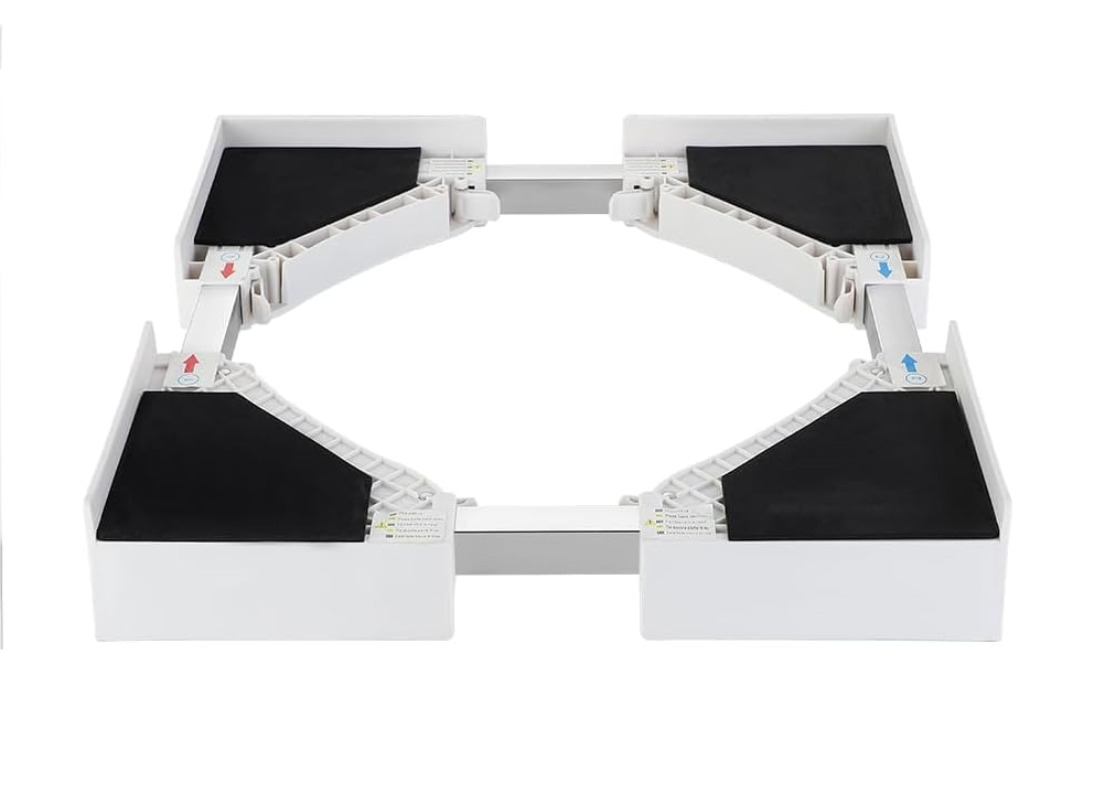Adjustable universal washer and dryer stacking kit, white, for space-saving laundry room home improvement.
