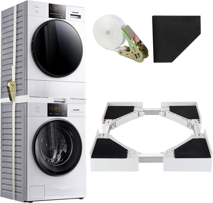 White adjustable stacking kit for washer and dryer, universal fit, enhancing laundry space and home appliance organization.