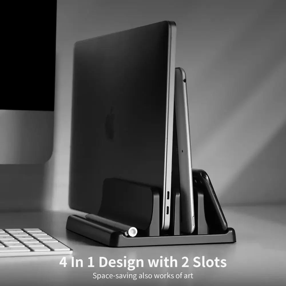 Sleek black adjustable vertical laptop stand, a modern tech accessory for efficient desk organization.