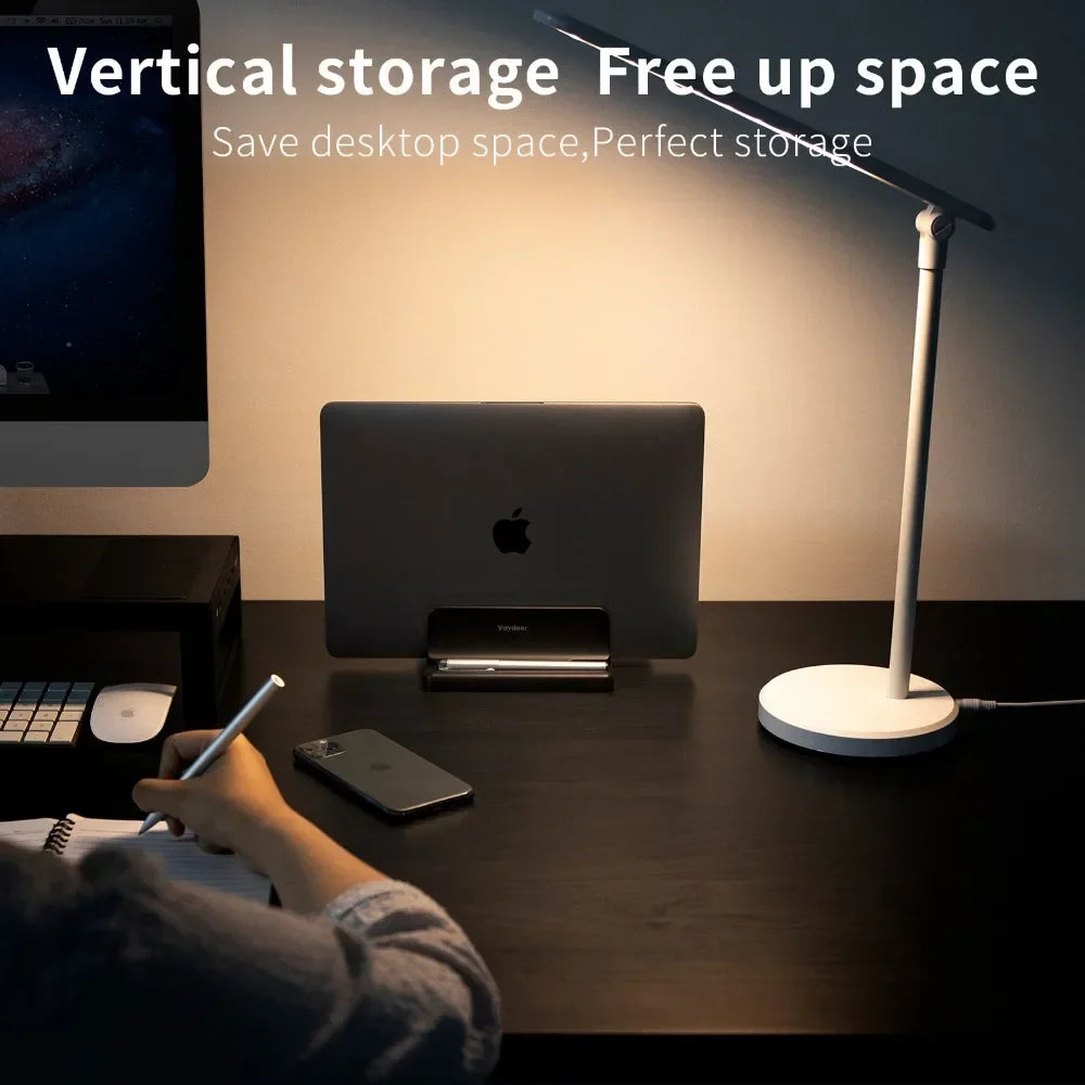 Durable aluminum adjustable laptop stand, a perfect desktop holder & desk organizer for vertical storage.