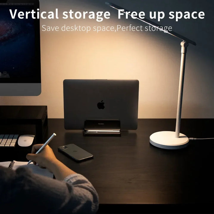 Durable aluminum adjustable laptop stand, a perfect desktop holder & desk organizer for vertical storage.