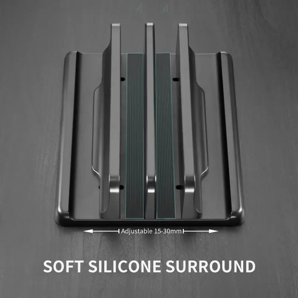 Premium adjustable vertical laptop stand, enhancing desktop organization for a clutter-free home office.