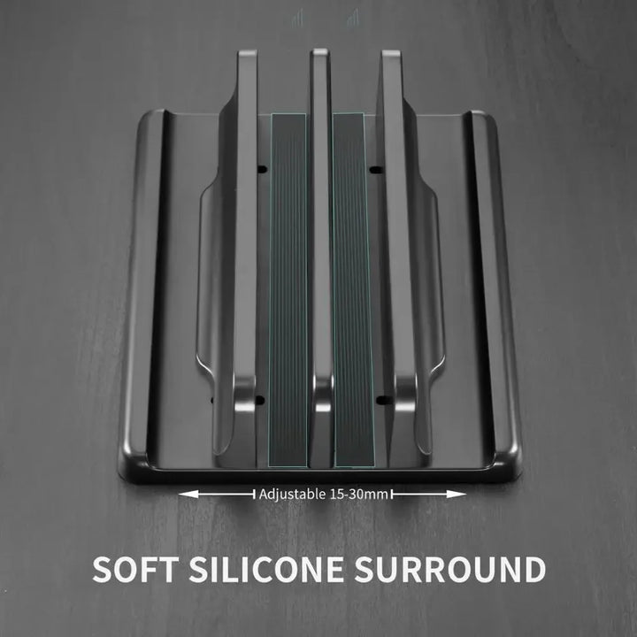 Premium adjustable vertical laptop stand, enhancing desktop organization for a clutter-free home office.