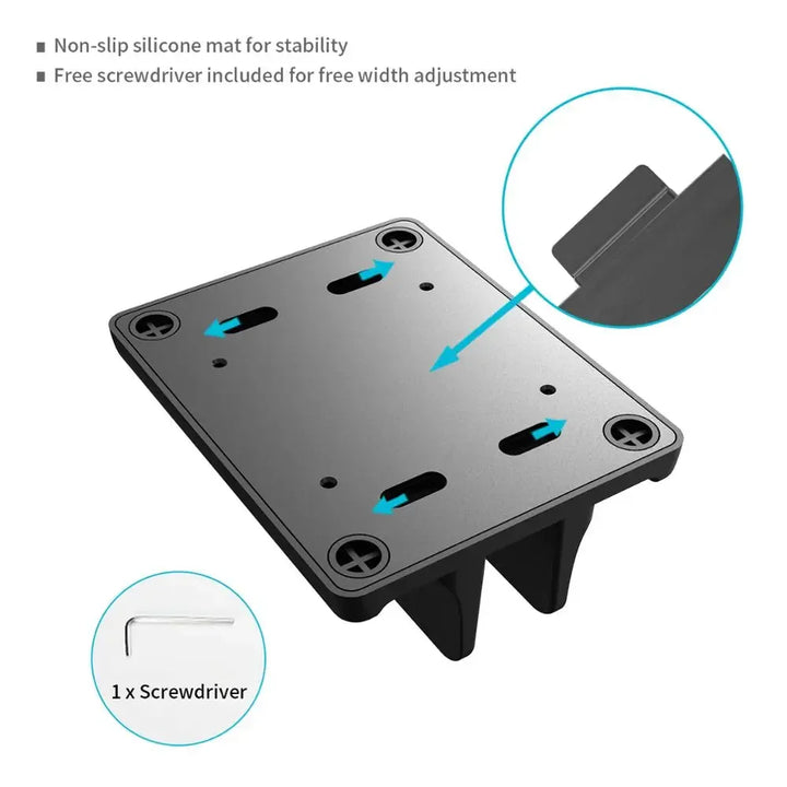 Space-saving vertical laptop stand, adjustable to securely hold your laptop & free up valuable desktop space.