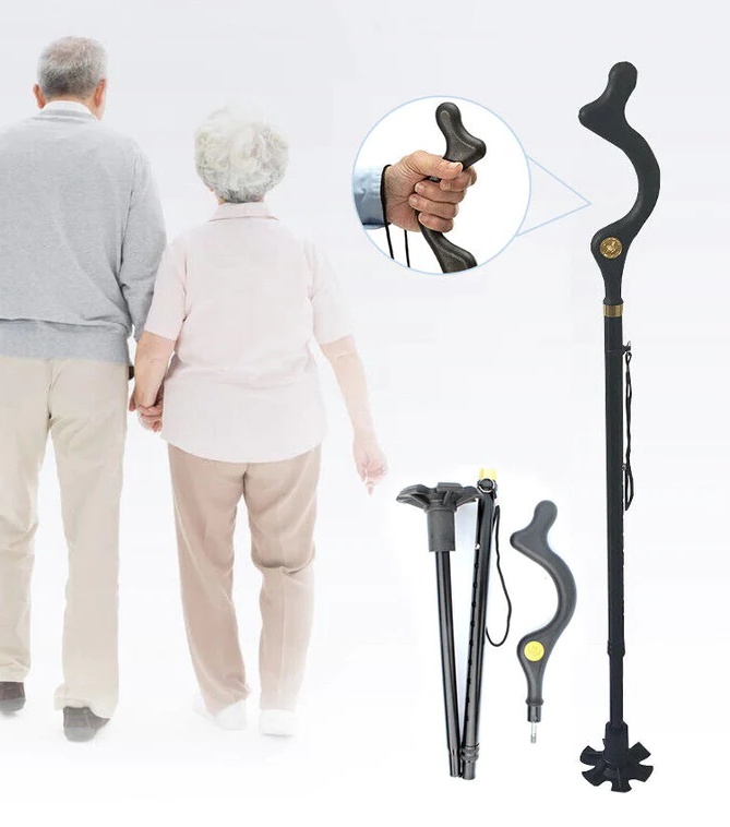 Adjustable walking stick's height mechanism, highlighting easy customization for seniors' mobility.