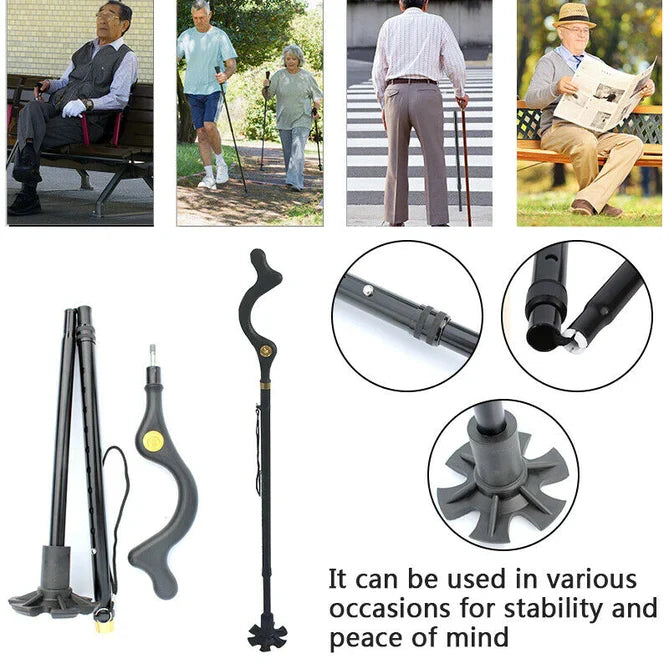 Senior person confidently walking outdoors with an adjustable walking stick, showing enhanced stability.