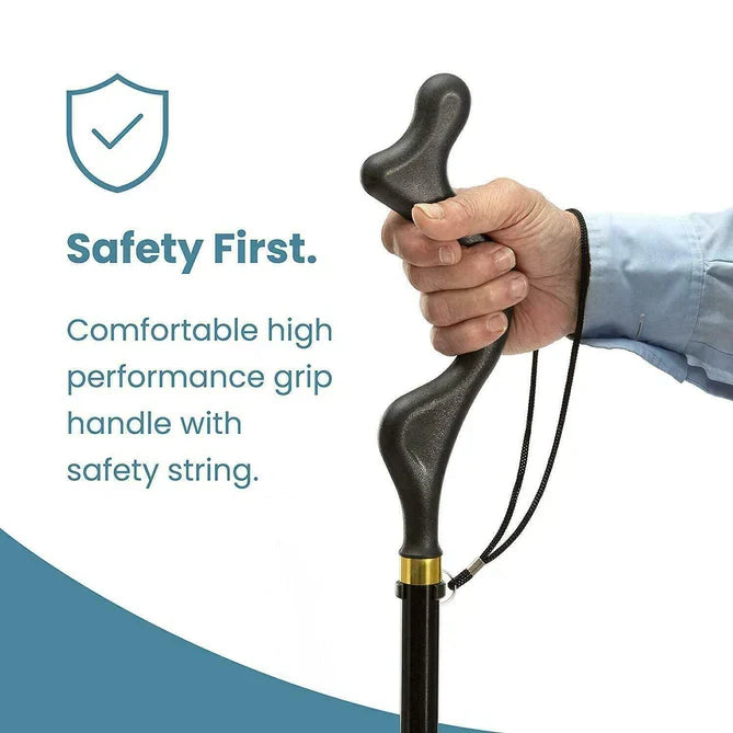 Close-up of the adjustable walking stick's ergonomic grip, designed for comfortable balance support for seniors.