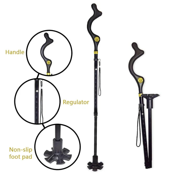 Senior's hand resting on the comfortable ergonomic handle of the adjustable walking stick, ensuring firm grip.