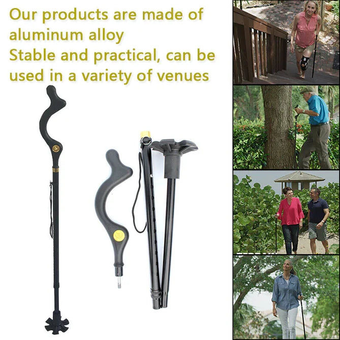 Adjustable walking stick standing independently, showcasing its sturdy base for reliable elderly balance support.