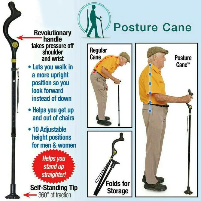 Senior person using the adjustable walking stick, focusing on improved balance support and stability.