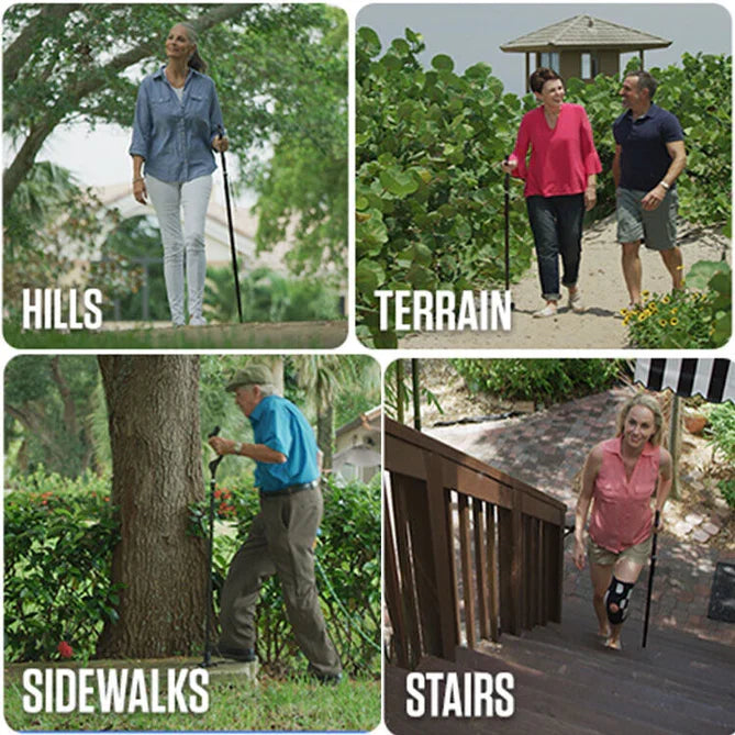 Lightweight adjustable walking stick, an essential mobility aid for seniors needing balance support & elderly care.