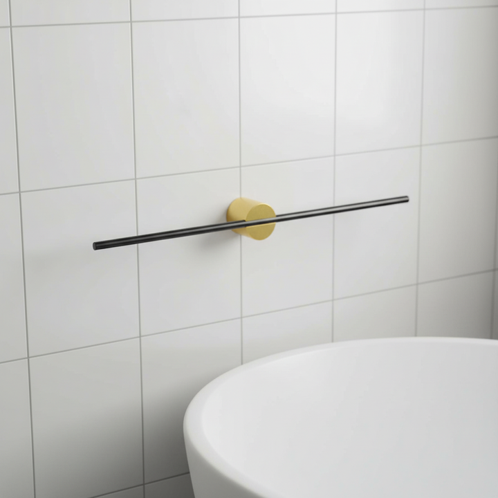Adjustable wall-mounted bathroom towel rack in brushed aluminum, minimalist design