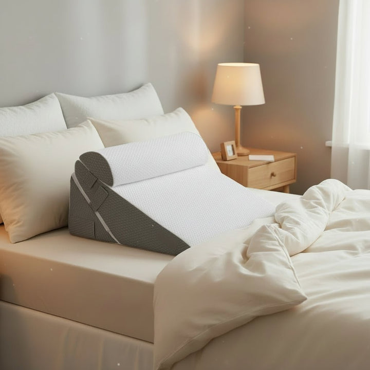 Adjustable wedge pillow provides ergonomic back and leg support for pain relief.