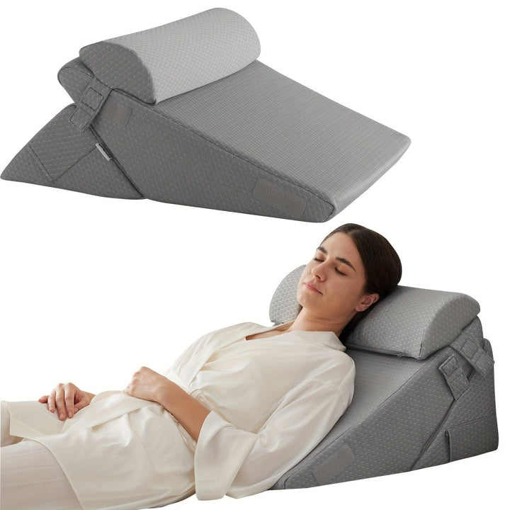 Relaxation wedge pillow with adjustable design for back and leg support, portable.