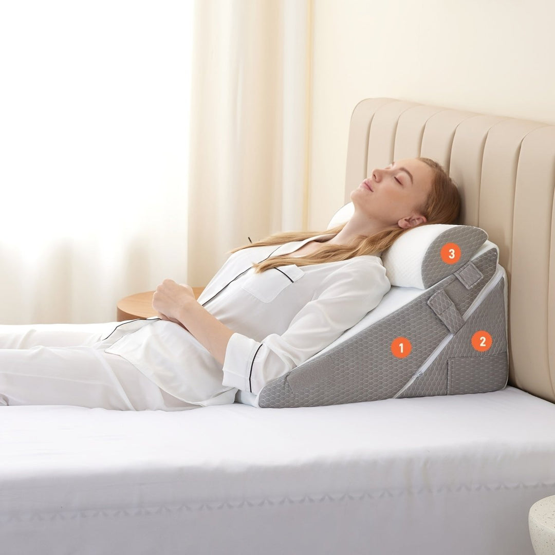 Therapeutic adjustable wedge pillow for optimal back and leg comfort & sleep aid.