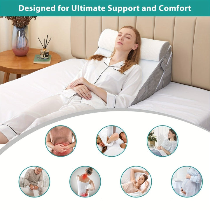 Portable adjustable wedge pillow for back, leg support, pain relief, and relaxation.