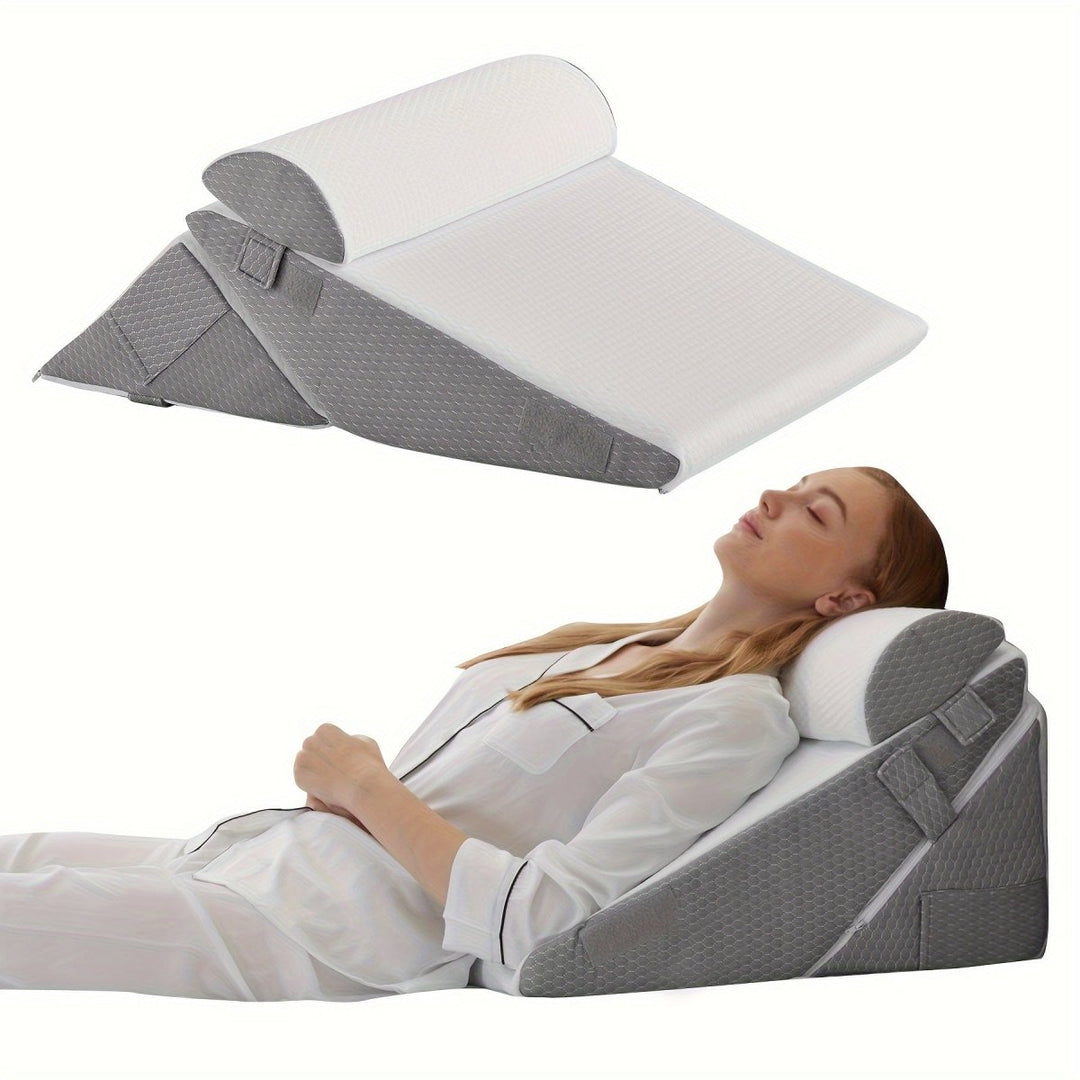 Adjustable wedge comfort pillow, offering therapeutic back and leg support for sleep.