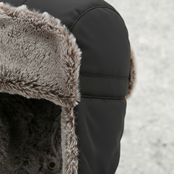 Close-up of a warm fleece beanie, ideal for winter outdoor sports, with adjustable features