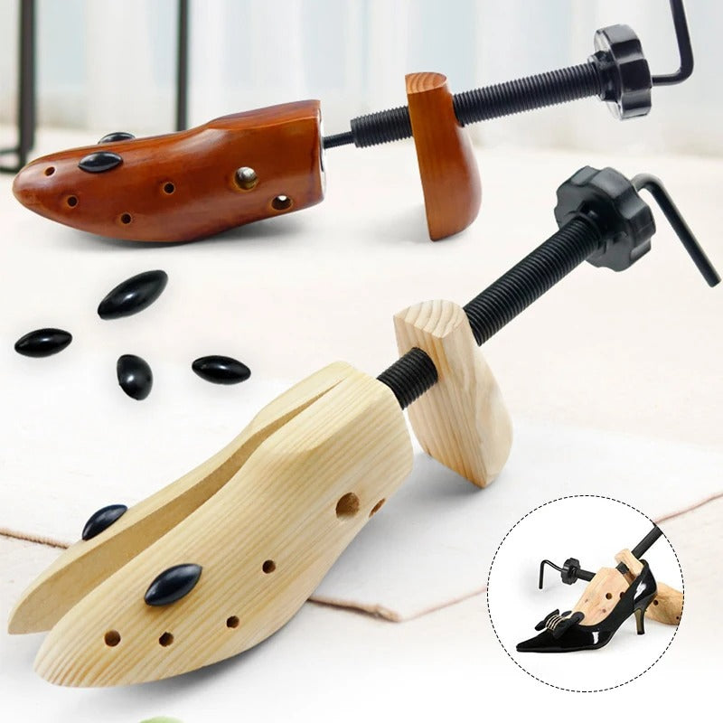 Adjustable wood shoe stretcher for custom fit; relieves foot pain & discomfort. Ideal for footwear comfort.