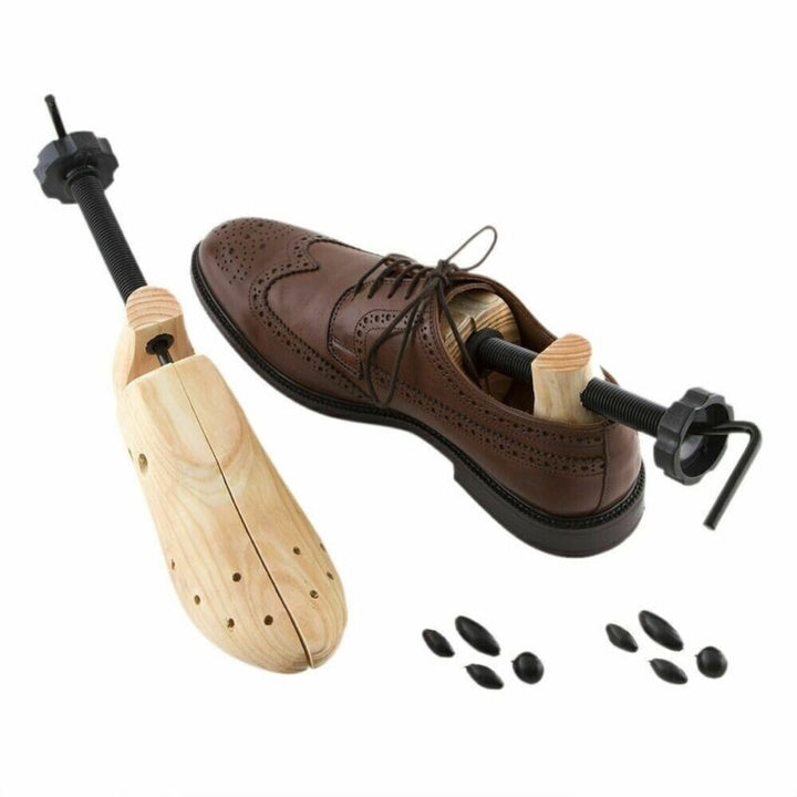 Unisex wooden shoe expander for footwear care. Adjustable stretcher ensures custom fit & comfort, easing pain.