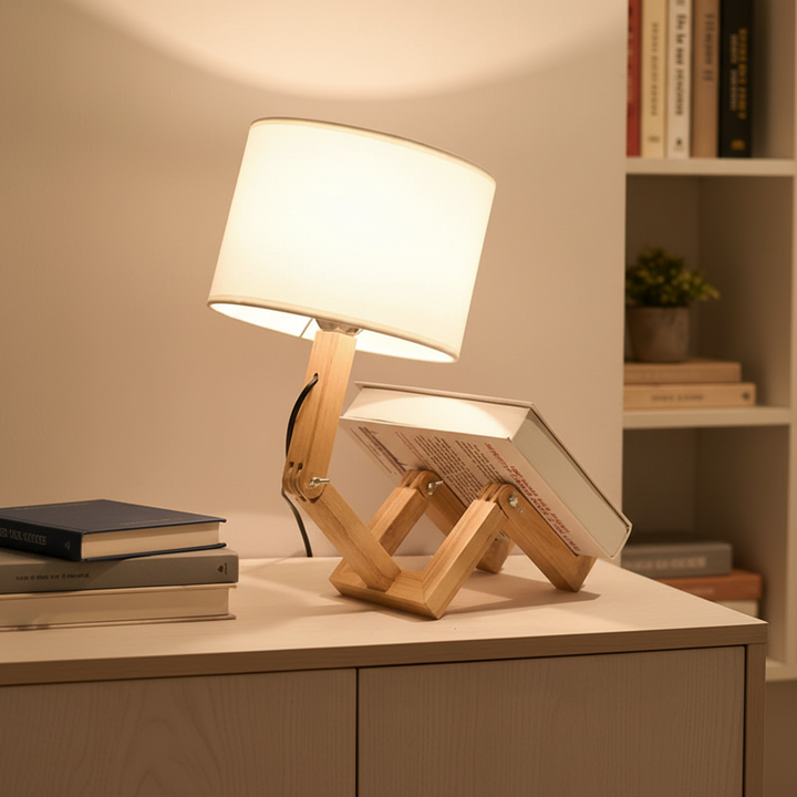Adjustable wooden desk lamp with integrated storage. Perfect for a modern home office or study.
