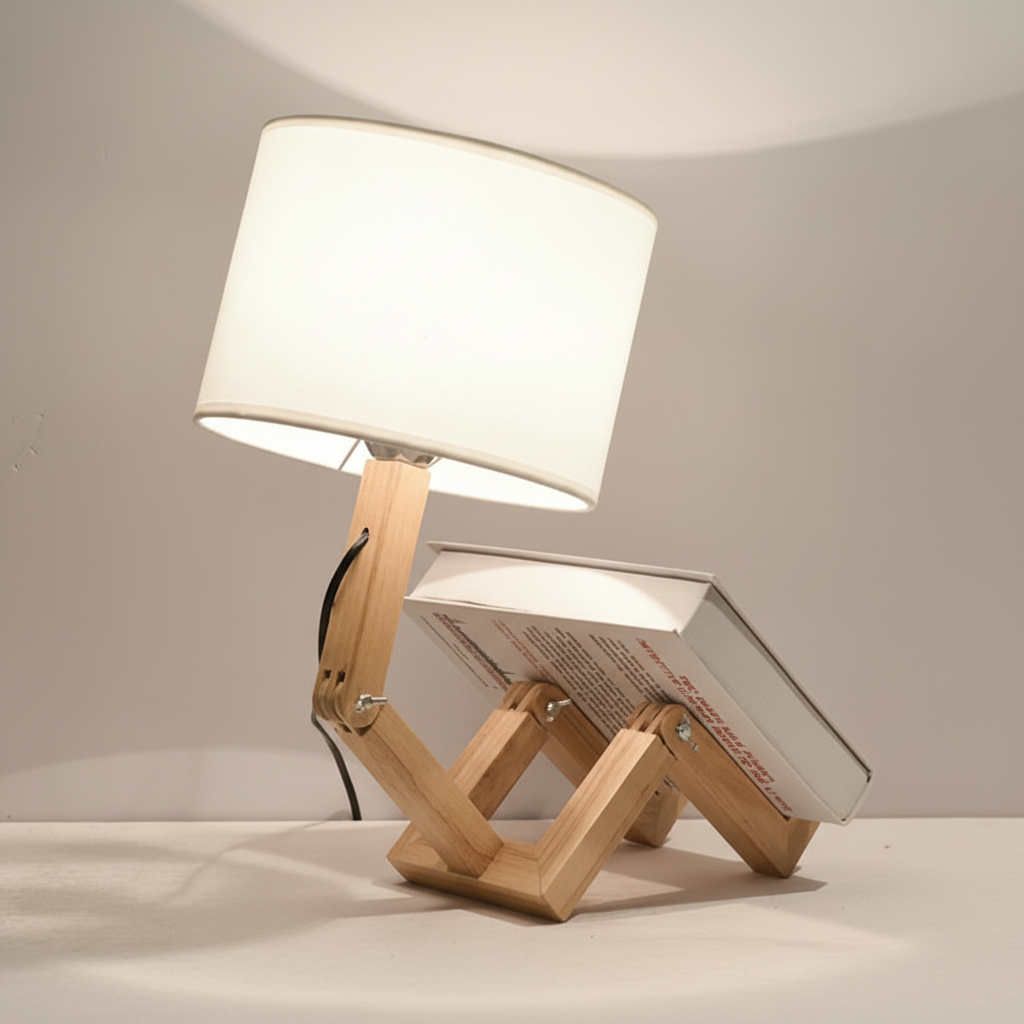 Modern wooden desk lamp. Adjustable head & base, built-in storage. Ideal for indoor reading & decor.