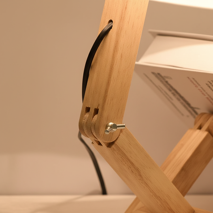 Stylish wooden table lamp with storage, adjustable design for bedside or accent lighting. Enhance home decor.