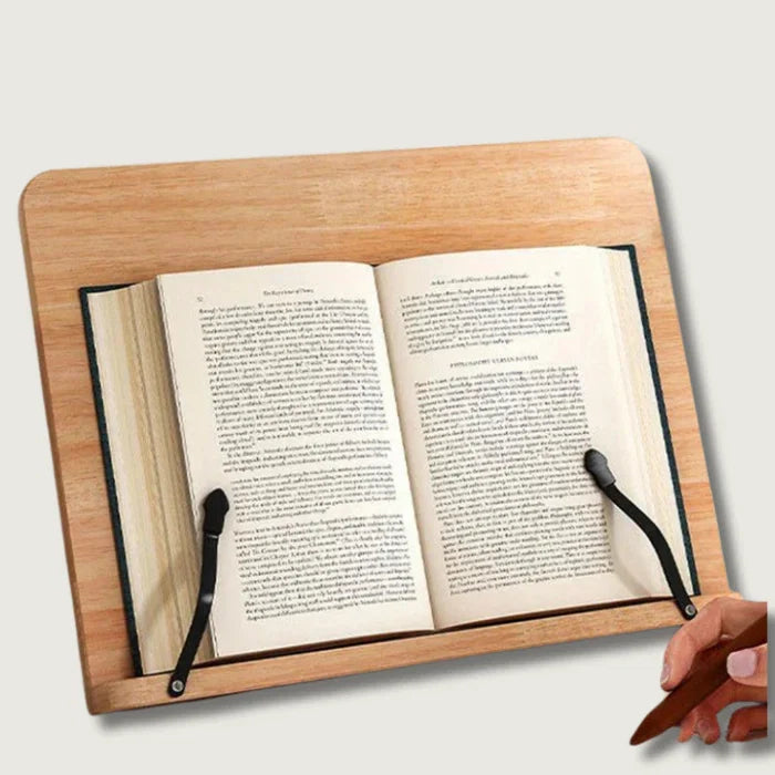 Adjustable wooden reading stand for books & tablets. Ergonomic pine wood book holder, foldable & portable desktop accessory.