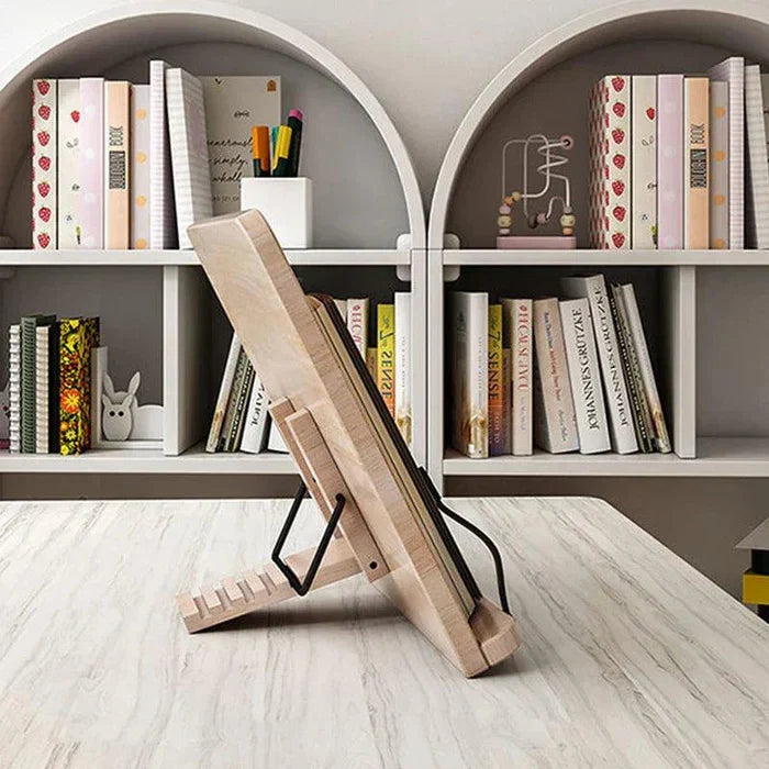 Foldable adjustable wooden reading stand. Portable pine wood book holder for tablets, recipes & sheet music.