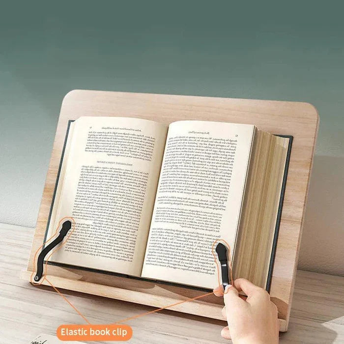 Versatile adjustable wooden book & tablet stand. Perfect for reading, recipes, sheet music, and desktop organization.