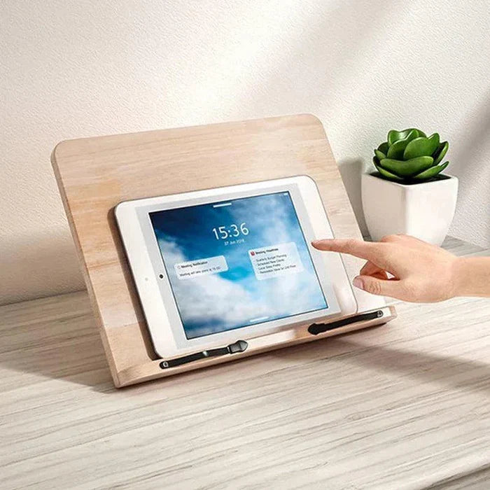 Pine wood adjustable reading stand for books & tablets. A foldable, portable desktop organizer & ergonomic study accessory.