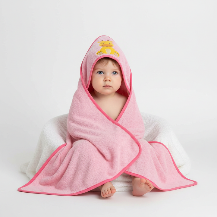 Cute hooded baby towel featuring a playful animal design, crafted from absorbent OEKO-TEX certified cotton.