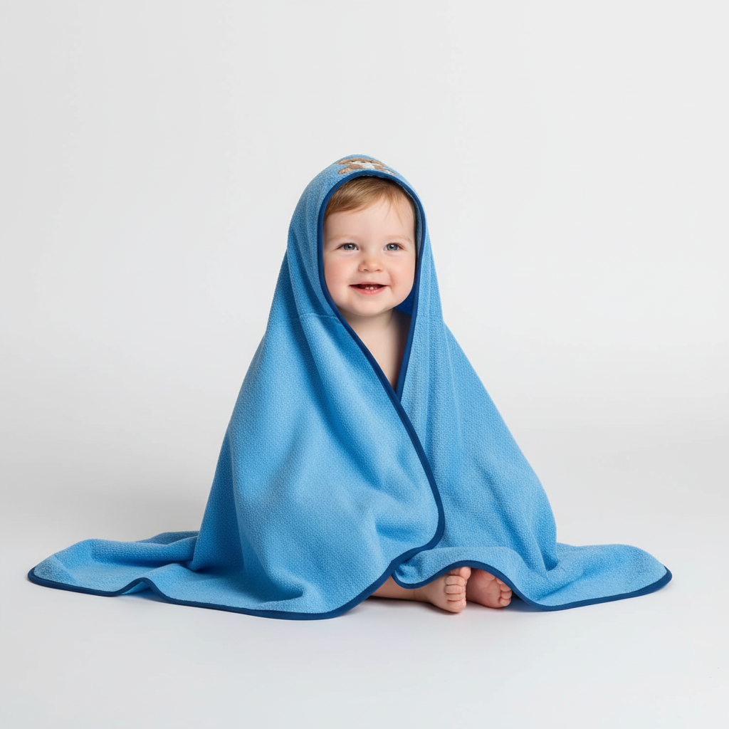 Soft OEKO-TEX cotton baby hooded towel with a charming animal face, designed for comfortable bath time.