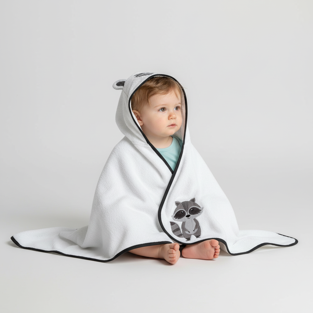 Toddler model showcasing an animal-themed hooded bath towel, emphasizing its fun design and absorbency.