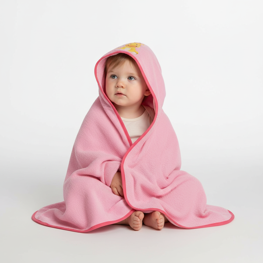 Folded hooded baby towel with a sweet animal design, ready for use during kids' bath, OEKO-TEX certified.