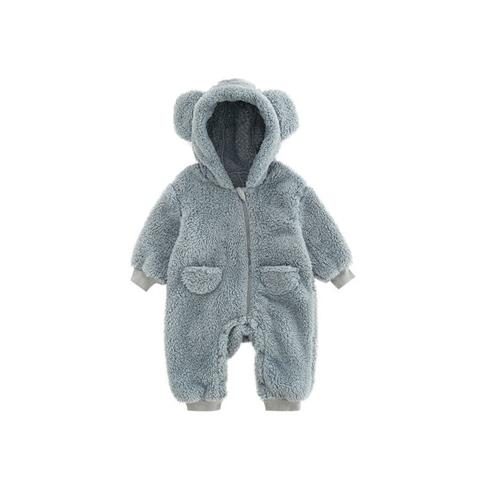 Adorable baby animal print fleece romper, perfect for keeping newborns warm and cozy in winter.