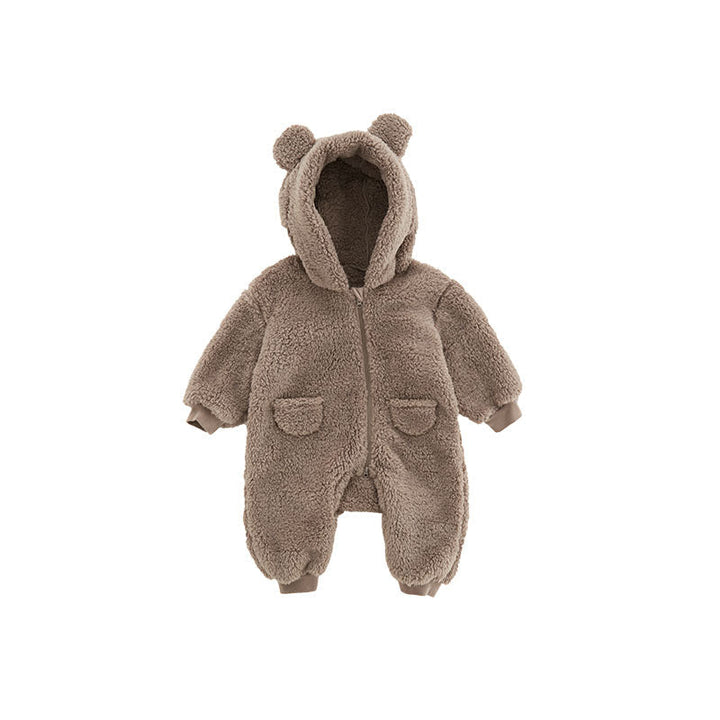 Soft infant fleece romper with charming animal print, ideal for toddler wear and cold weather.