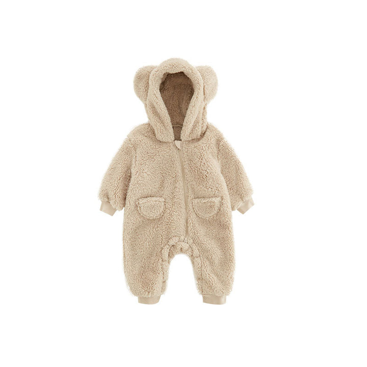 Warm baby jumpsuit featuring a fun animal print, designed for ultimate comfort and warmth.