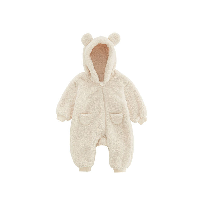 Cute newborn outfit: fleece romper in animal print, providing warmth and style for infants.