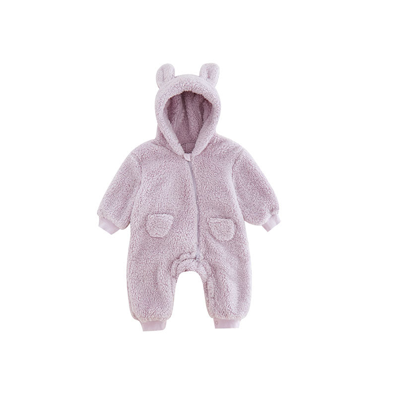 Snug baby fleece romper with vibrant animal print, essential baby clothes for winter.