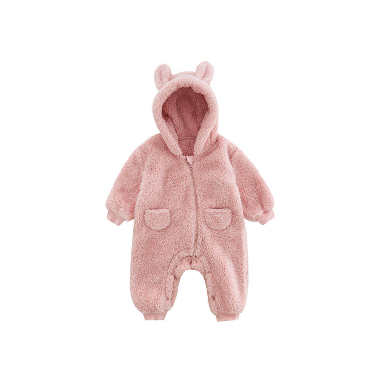 Fleece animal print romper for babies, a cozy and warm jumpsuit for chilly days.