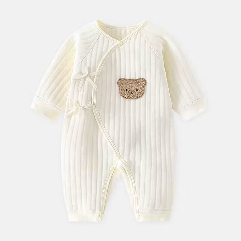 Front view of a grey cotton baby bear romper, ideal for newborn essentials, infant jumpsuit