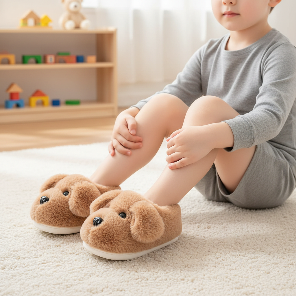 Adorable brown puppy-faced kids' cozy slippers, perfect for warm and safe indoor play