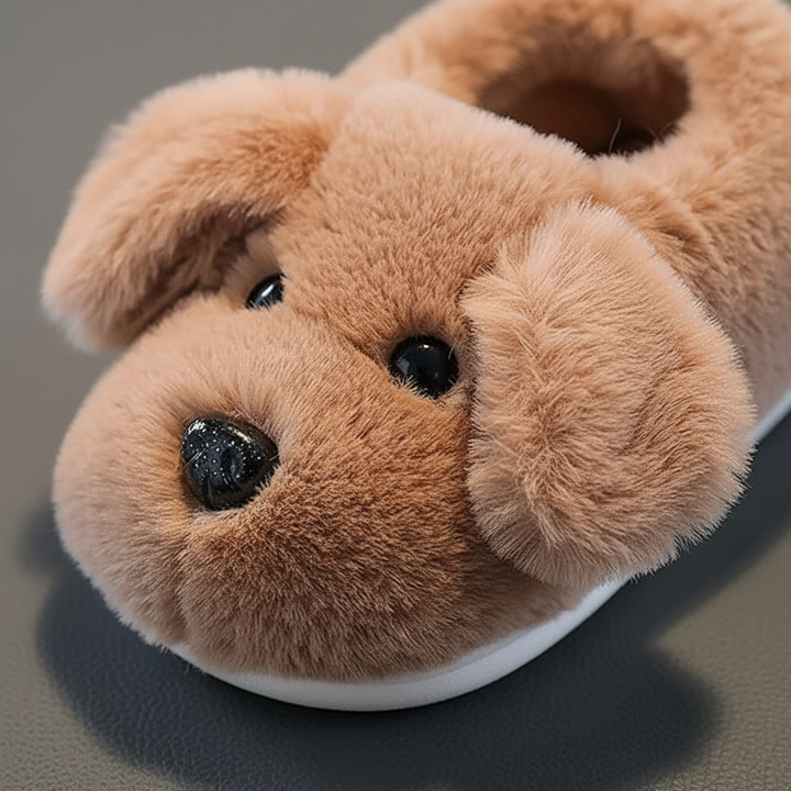 Warm winter cozy puppy slippers for kids, offering comfort and safety on indoor floors