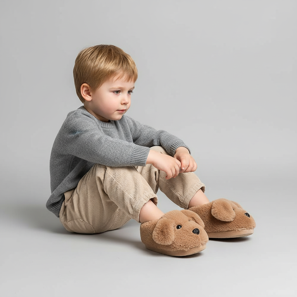 Close-up of the soft plush material and cute puppy design of these kids' house shoes