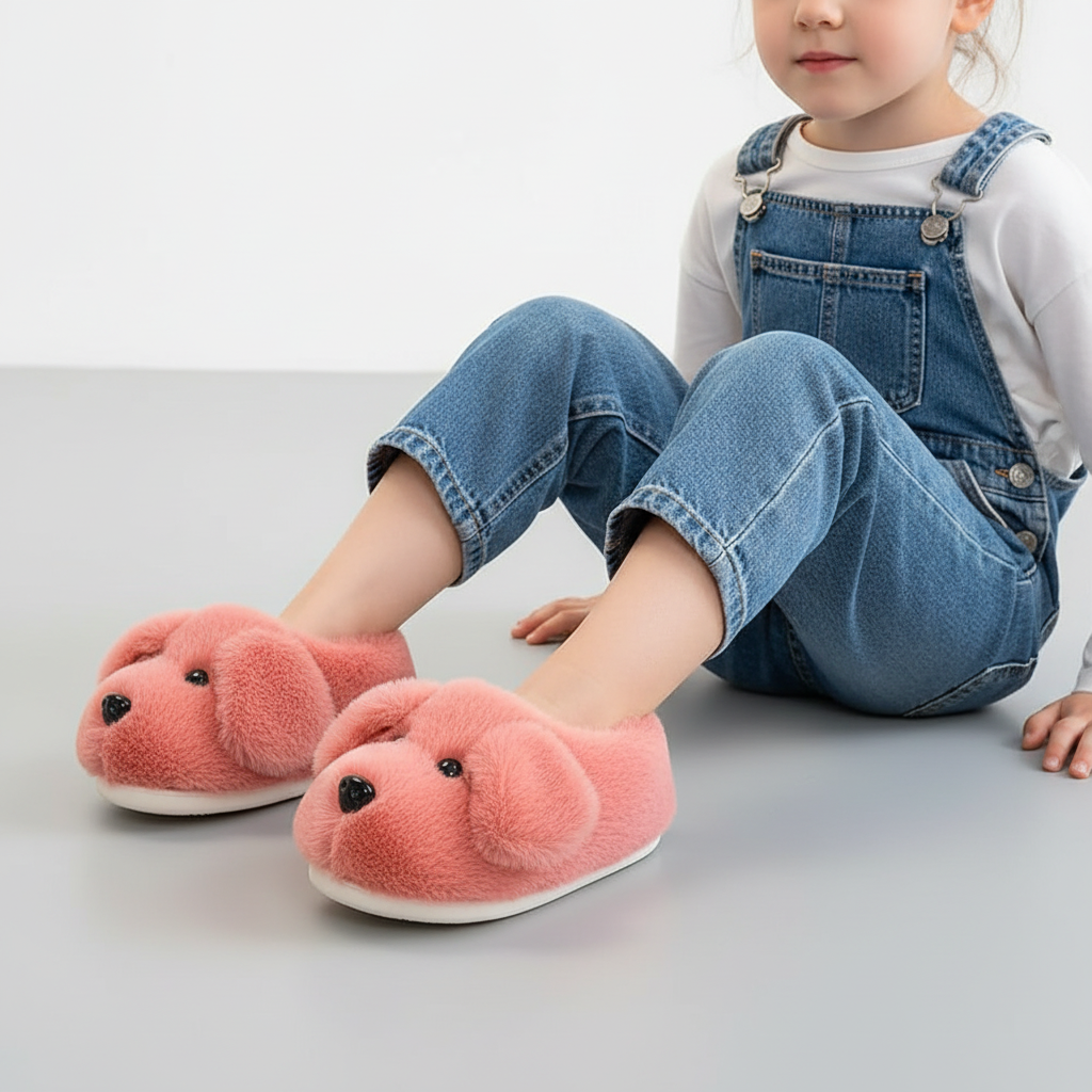 Front view of a pair of cozy puppy slippers for kids, ideal for keeping small feet warm