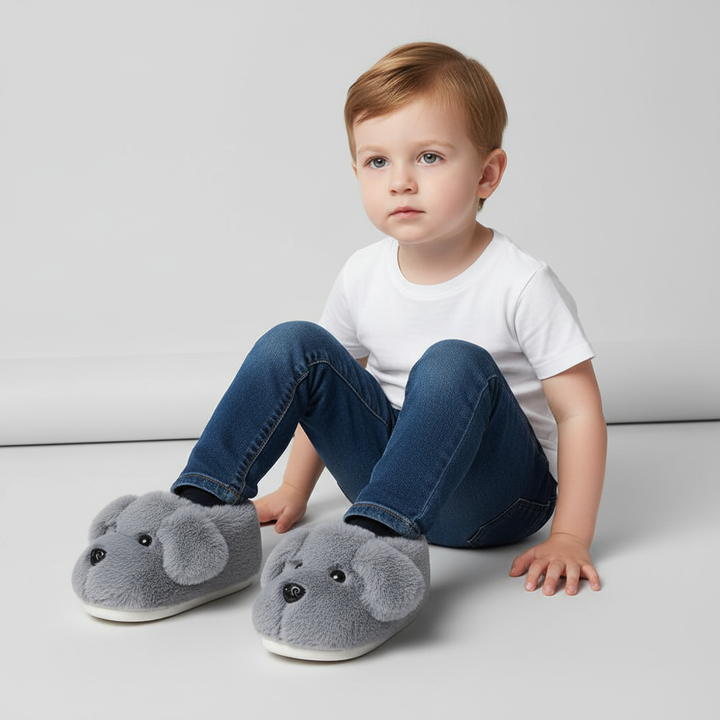 Children modeling cozy puppy slippers, showcasing the fun design and comfortable fit