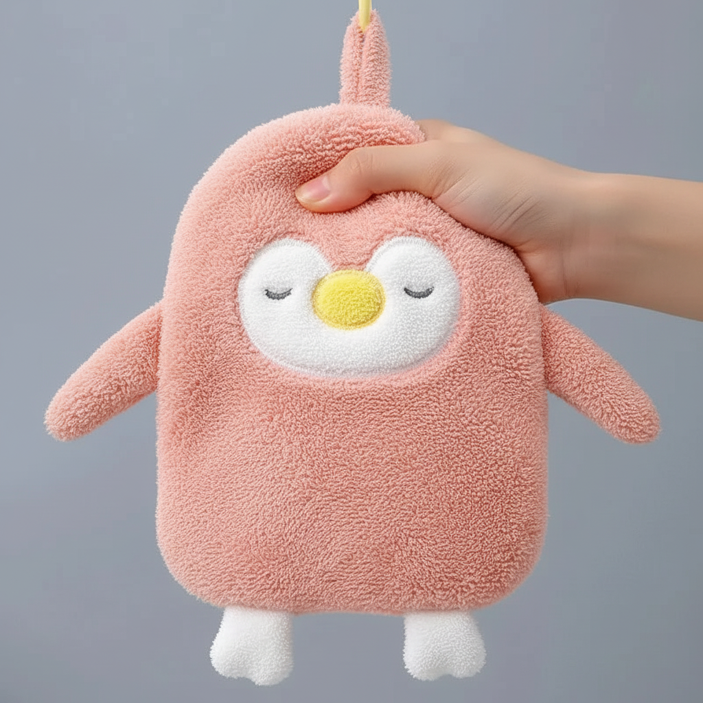 Softest coral fleece hand towel with a charming penguin design, highly absorbent for kitchen or bathroom use.